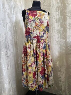 M&Co Vibrant Yellow Tropical Floral Sundress Size 16 US Palm Hibiscus Summer